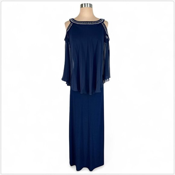 Alex Evenings Cold Shoulder Popover Jersey Chiffon Gown Beaded Neckline NWT 14 - Picture 2 of 6